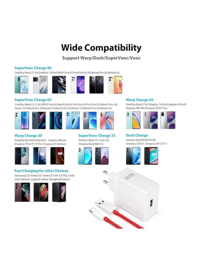 80W Supervooc Charger for Oneplus 12/11 10T OnePlus Warp Charger Block Replacement with USB C Warp Charge Cable 1M USB Wall Plug Charger UK Power Adapter for Oneplus Nord 2T CE 3 Lite 10 Pro 9 Pro 8T