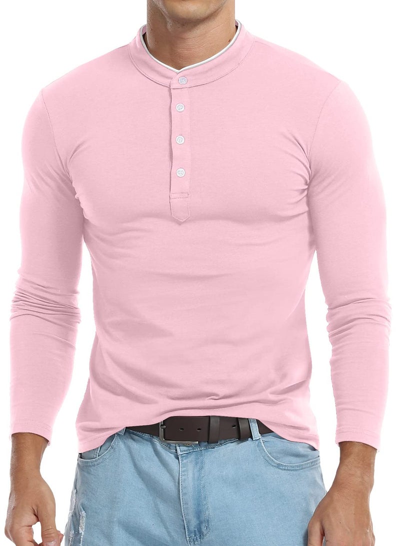 KUYIGO Men's Casual Slim Fit Shirts Long Sleeve Polo Mandarin Collared Lightweight T-Shirts Pink Large - Image 2