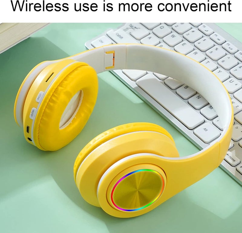 ciciglow Cat Ear PC Gaming Headset, Noise Reduction Wireless Gaming Headphone Glowing LED Light Deep Bass Foldable Headband Headphones with Soft Earmuffs (Yellow) - Image 3