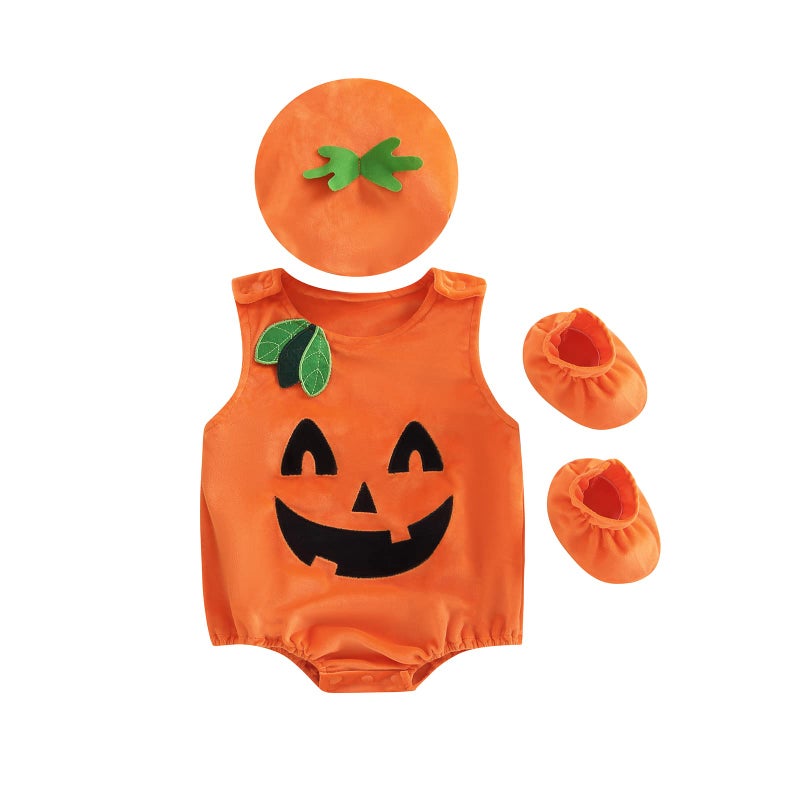 Lamuusaa Newborn Baby Girls Boys Halloween Costumes Sleeveless Pumpkin Romper Bodysuit Hat Socks Halloween Outfits 03Y