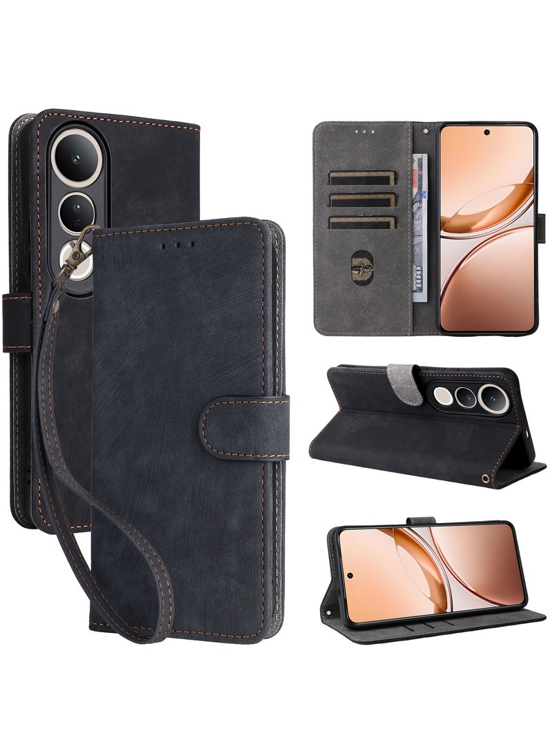 For Vivo V50 Lite Flip Cover with Detachable lanyard, PU Leather Full Body Protection Shockproof Flip Mobile Phone Case, RFID Anti-theft Brush Folio Wallet Case  - Image 1