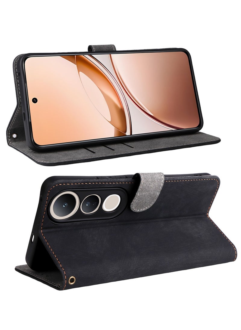 For Vivo V50 Lite Flip Cover with Detachable lanyard, PU Leather Full Body Protection Shockproof Flip Mobile Phone Case, RFID Anti-theft Brush Folio Wallet Case  - Image 2