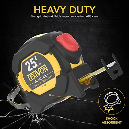 LEXIVON [2-Pack] 25Ft/7.5m AutoLock Tape Measure | 1-Inch Wide Blade with Nylon Coating, Matte Finish White & Yellow Dual Sided Rule Print | Ft/Inch/Fractions/Metric (LX-205X2) - Image 4