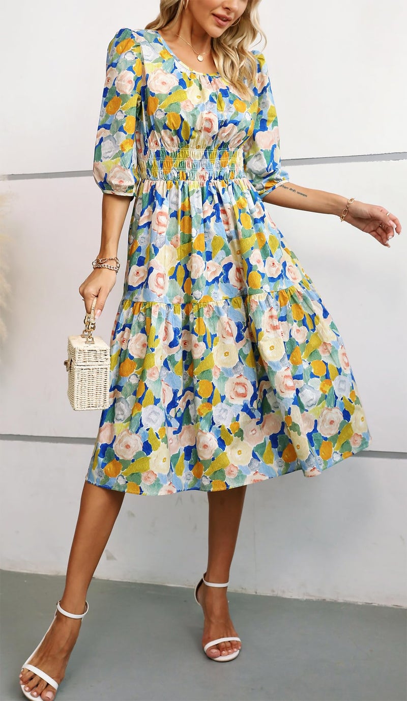 Kormei Women Summer Casual Boho Floral Round Neck 3/4 Sleeve Smocked Waist Tiered Flowy Swing Midi Dress L Blue/Yellow - Image 2