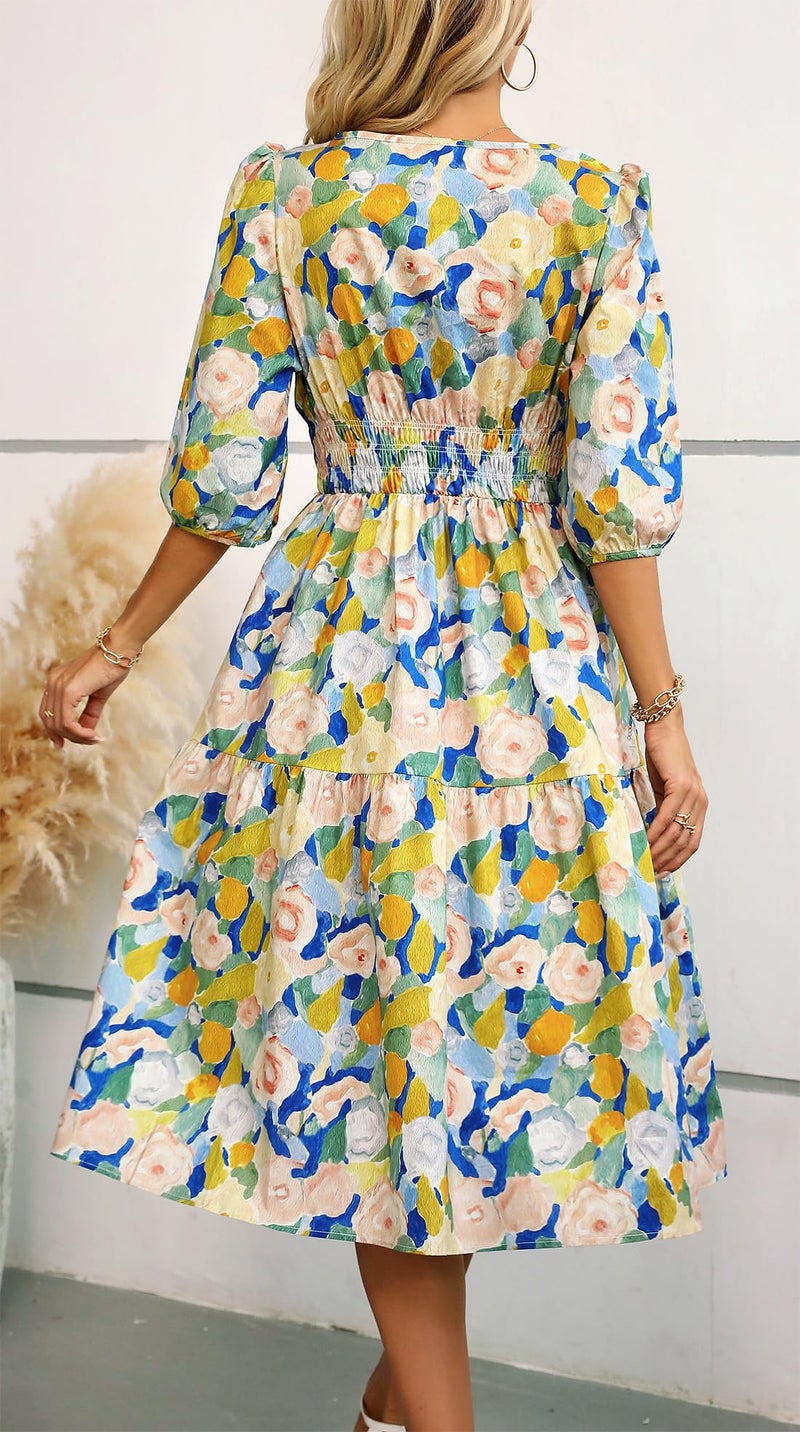 Kormei Women Summer Casual Boho Floral Round Neck 3/4 Sleeve Smocked Waist Tiered Flowy Swing Midi Dress L Blue/Yellow - Image 5