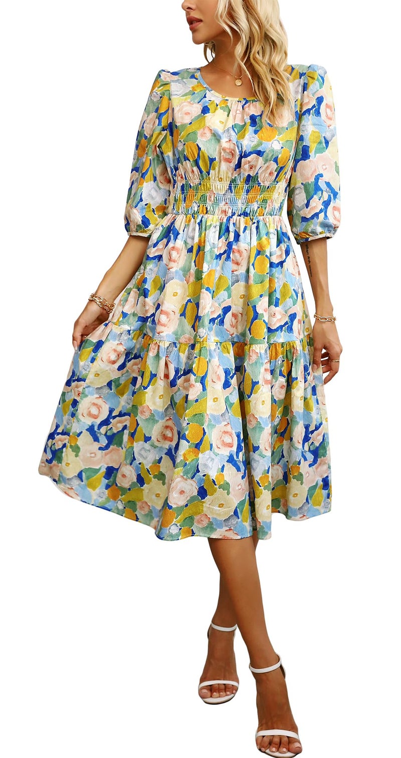 Kormei Women Summer Casual Boho Floral Round Neck 3/4 Sleeve Smocked Waist Tiered Flowy Swing Midi Dress L Blue/Yellow - Image 1