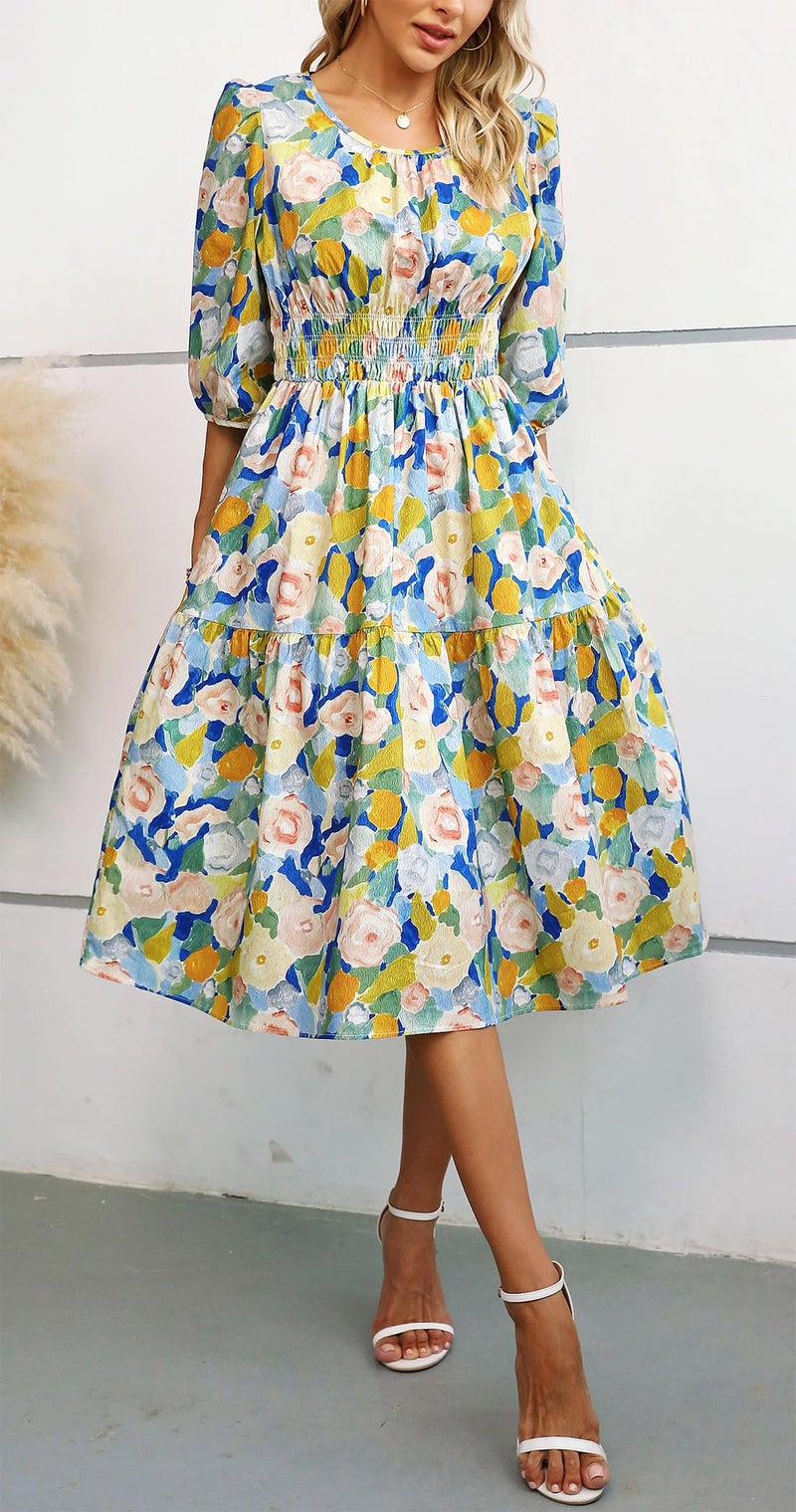 Kormei Women Summer Casual Boho Floral Round Neck 3/4 Sleeve Smocked Waist Tiered Flowy Swing Midi Dress L Blue/Yellow - Image 3