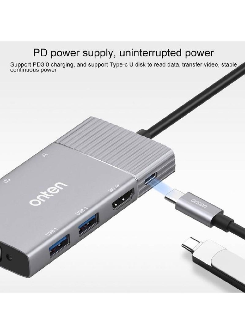 onten - Onten 95113 8 In 1 USB 3.0 x2 + SD / TF + HDMI / VGA + 3.5mm Jack + Type-C / USB-C (PD 3.0) Multi-function HUB Converter Dock Station - Image 1
