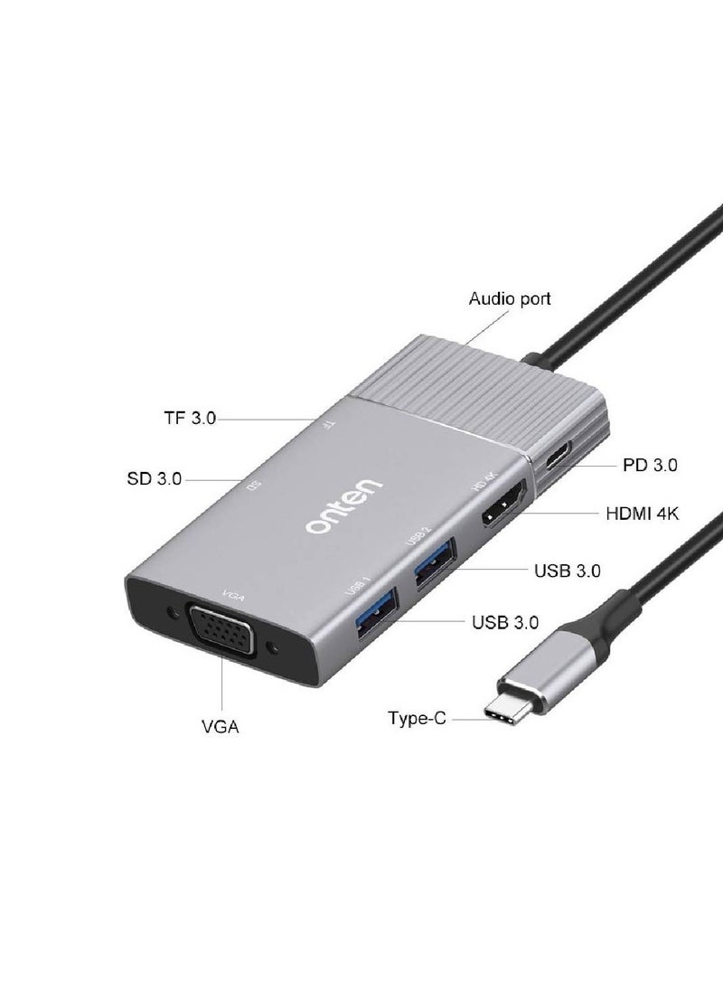 onten - Onten 95113 8 In 1 USB 3.0 x2 + SD / TF + HDMI / VGA + 3.5mm Jack + Type-C / USB-C (PD 3.0) Multi-function HUB Converter Dock Station - Image 1