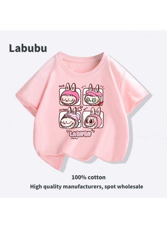 Cute Pink Labubu Short Sleeve Family Matching T-shirts, Mother-daughter/mother-son Cotton T-shirts For Family Of Three