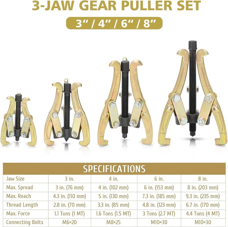 MOFEEZ 3" 4" 6" 8" 3 Jaw Gear Bearing Puller Removal Tool for Slide Gears, Pulley, and Flywheel（Gold） - Image 3