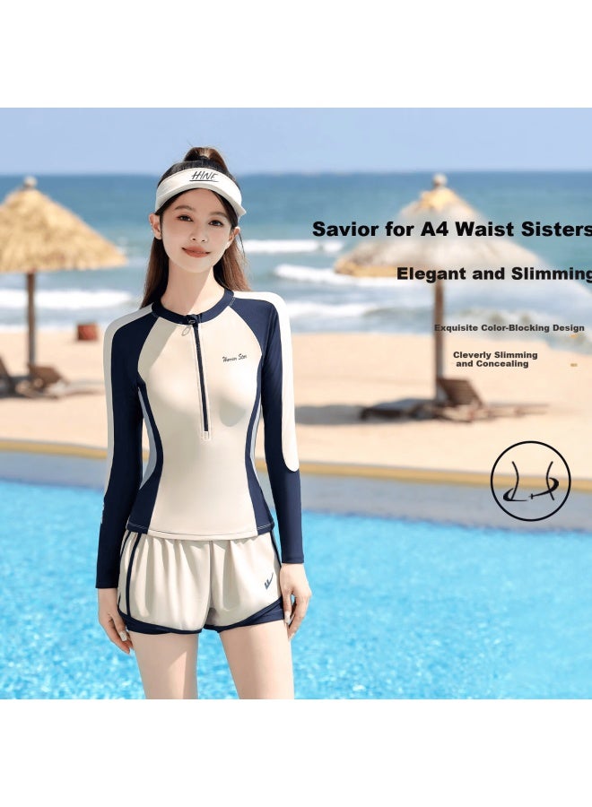 Pull Back Warrior Long Sleeve Two-piece Women's Conservative Sun-protective Slimming Swimwear For Hot Springs 16096h1i Apricot L - Image 3