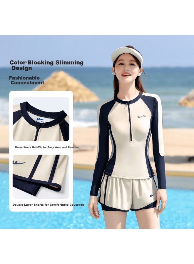 Pull Back Warrior Long Sleeve Two-piece Women's Conservative Sun-protective Slimming Swimwear For Hot Springs 16096h1i Apricot L - Image 2