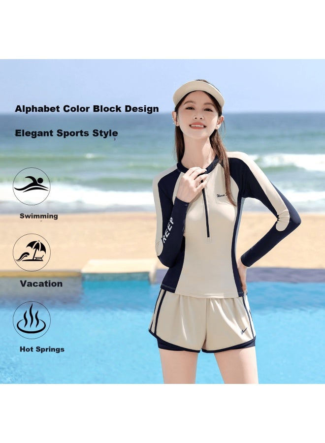 Pull Back Warrior Long Sleeve Two-piece Women's Conservative Sun-protective Slimming Swimwear For Hot Springs 16096h1i Apricot L - Image 4