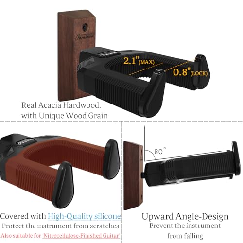 Onmiwod Guitar Wall Mount Auto Lock Guitar Hanger Acacia Hardwood Guitar Wall Hangers Guitar Holder Hook Wall Stand for Classical Acoustic Electric Guitar Bass Ukulele Gift for Guitar Player - Image 3
