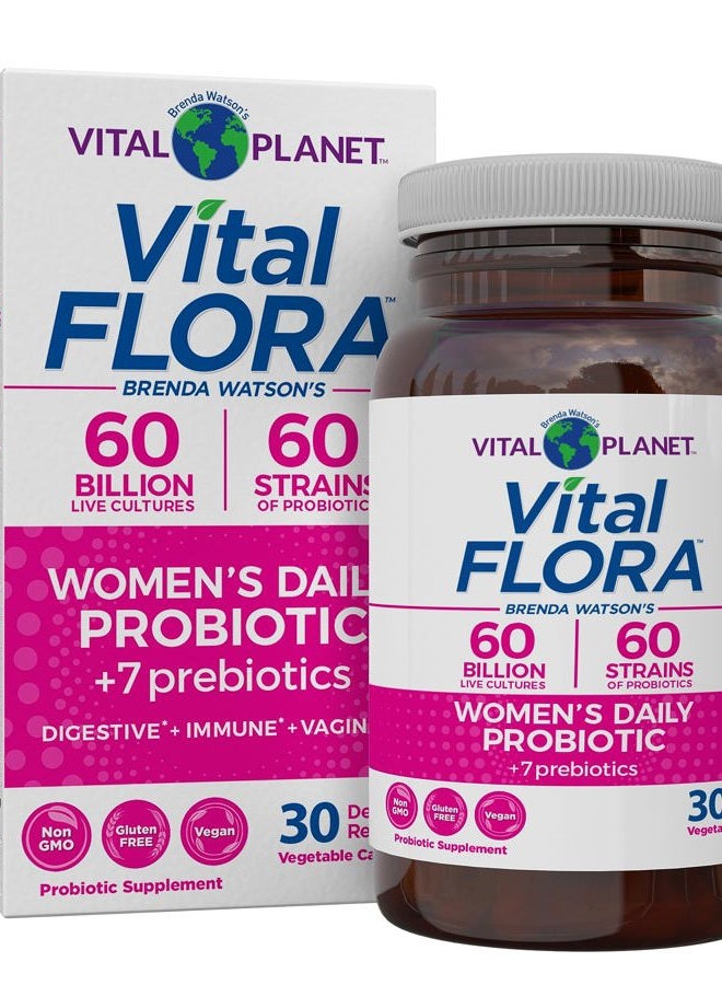 Vital Planet فيتـال فلورا بروبيوتيك يومي للنساء 60 مليار CFU، 60 سلالة متنوعة، 7 بروبيوتيك عضوي، دعم مهبلي ومناعي، انتفاخ، صحة هضمية بروبيوتيك للنساء 30 كبسولة - Image 1