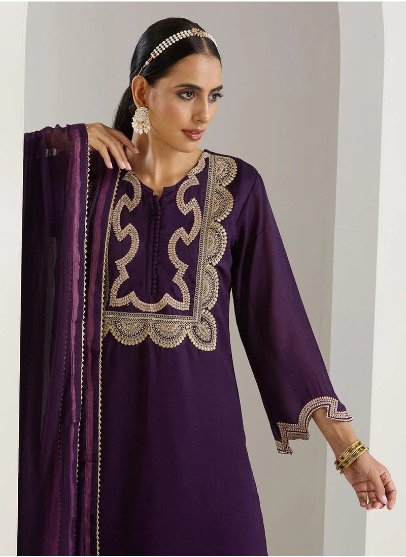 آي شين Women's Purple Polyester Blend Printed Tunic Full Length Palazzo Straight Fit Kurta Set