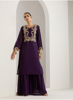 ISHIN Women's Purple Polyester Blend Printed Tunic Full Length Palazzo Straight Fit Kurta Set  - Image 5
