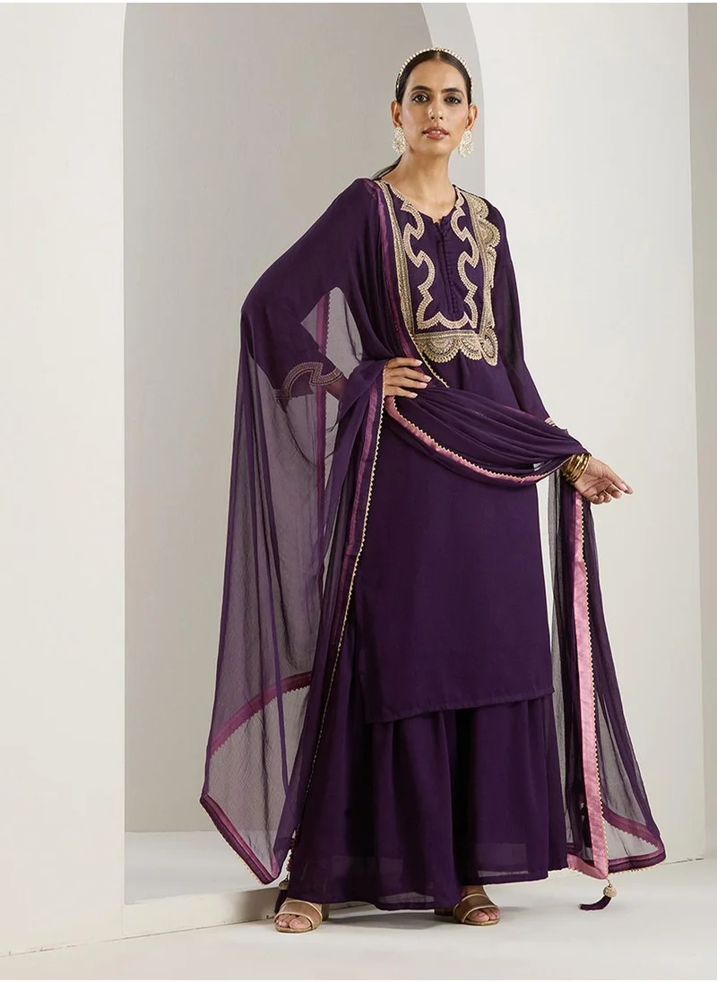 آي شين Women's Purple Polyester Blend Printed Tunic Full Length Palazzo Straight Fit Kurta Set
