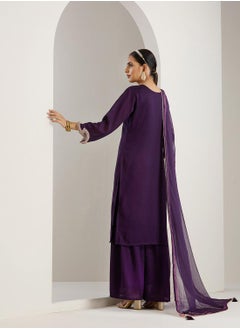 ISHIN Women's Purple Polyester Blend Printed Tunic Full Length Palazzo Straight Fit Kurta Set  - Image 3