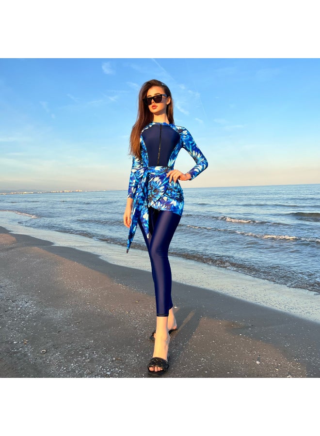 Loquat Muslim Conservative Middle East Solid Color Long-sleeved Trousers Sun Protection Beach Swimsuit Three-piece Swimsuit European And American Cross-border-Color:Picture Color- - Image 3