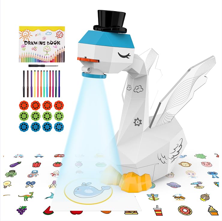 MFEESYOB Swan Drawing Projector for Kids Tracing and Drawing Projector for Kids with Cute Swan Look Smart Art Sketcher Projector with 96 Stencils Toddler Toys for Girls Boys 3 White - Image 1