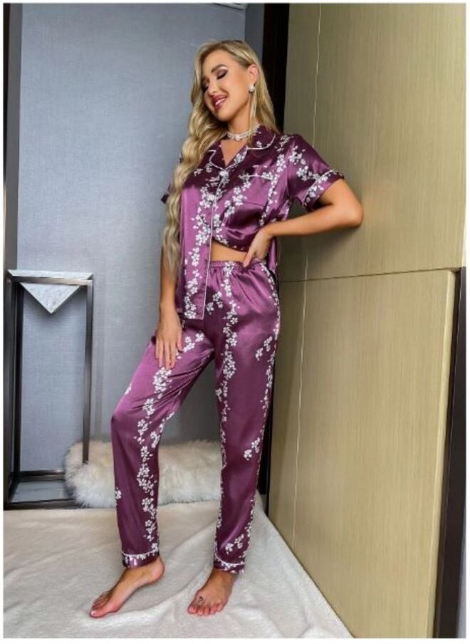 Shein Floral Print Contrast Piping Button Through Satin PJ Set  - Image 1