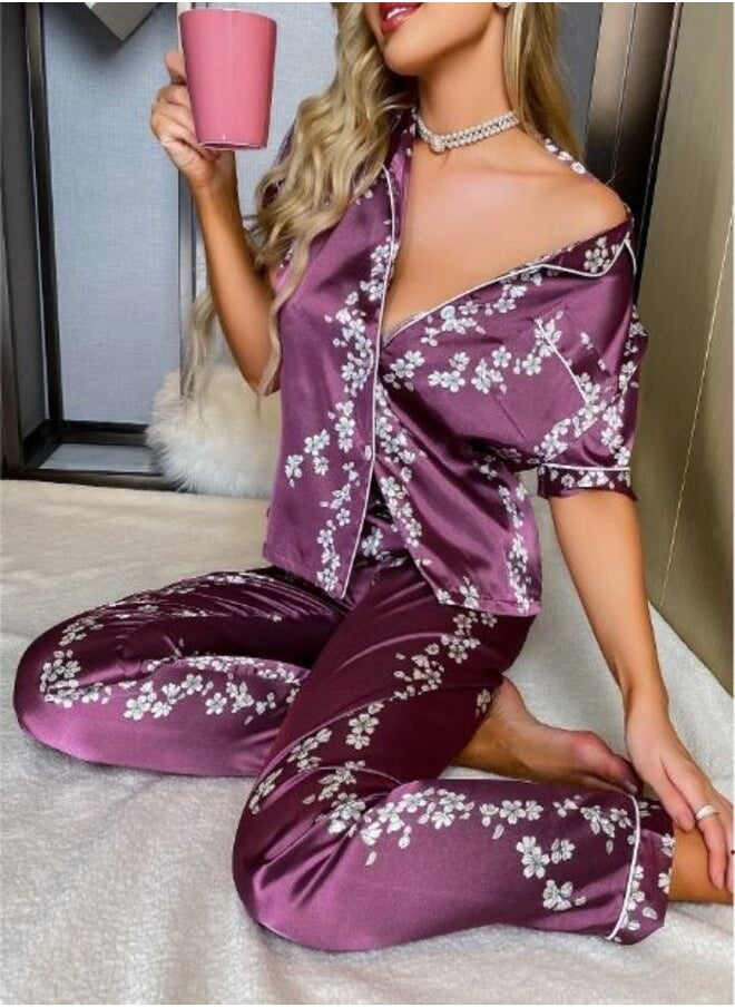Shein Floral Print Contrast Piping Button Through Satin PJ Set  - Image 2