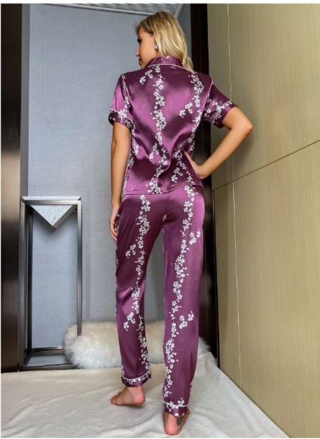 Shein Floral Print Contrast Piping Button Through Satin PJ Set  - Image 3
