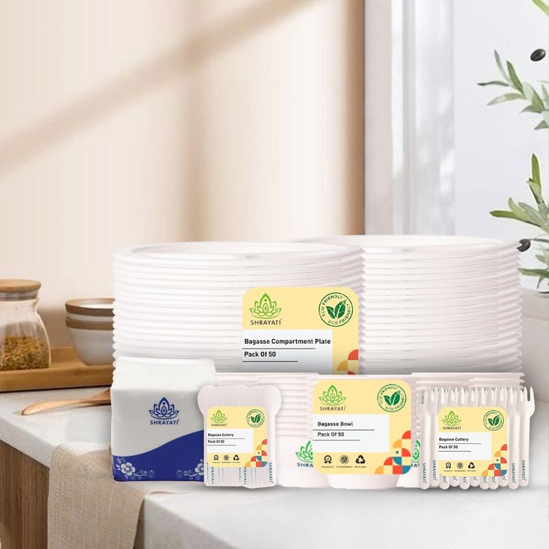 SHRAYATI SHRAYATI EcoFriendly Disposable Tableware Bundle Pack of 10 10 Round Bagasse Plates 10 Inch 10 Bagasse Bowls 10 Paper Spoons and Paper Forks 10 Tissue Papers Perfect for Parties Picnics - Image 1