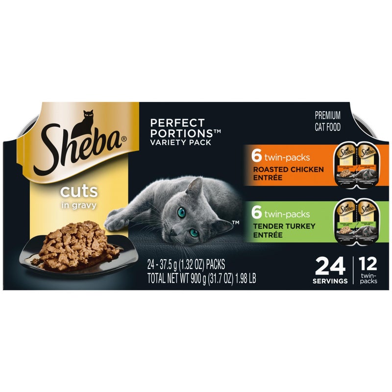 Sheba Perfect Portions Wet Cat Food Cuts in Gravy Variety Pack, Roasted Chicken Entree and Tender Turkey Entree, 2.6 oz. Twin-Pack Trays (12 Count, 24 Servings) - Image 1