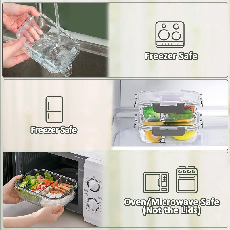 M MCIRCO 10-Pack,30 Oz Glass Meal Prep Containers 2 Compartments Airtight Lunch Bento Boxes with Lids, Glass Food Storage Containers, Microwave, Oven, Freezer and Dishwasher - Image 4
