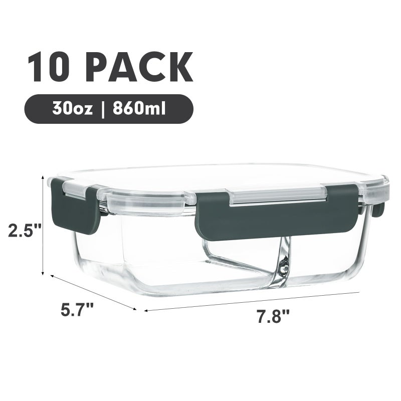 M MCIRCO 10-Pack,30 Oz Glass Meal Prep Containers 2 Compartments Airtight Lunch Bento Boxes with Lids, Glass Food Storage Containers, Microwave, Oven, Freezer and Dishwasher - Image 2
