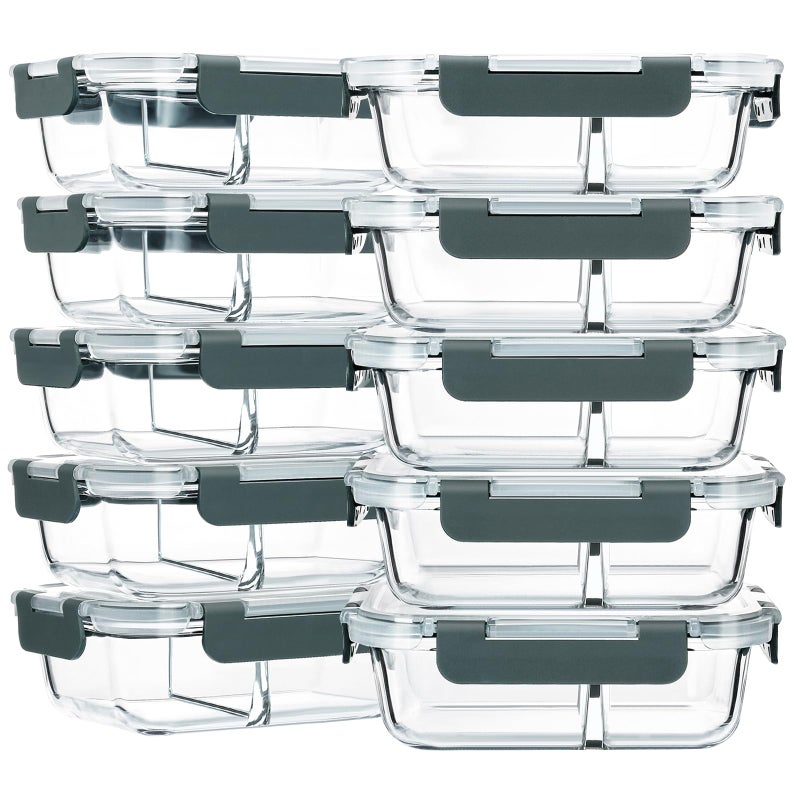 M MCIRCO 10-Pack,30 Oz Glass Meal Prep Containers 2 Compartments Airtight Lunch Bento Boxes with Lids, Glass Food Storage Containers, Microwave, Oven, Freezer and Dishwasher - Image 1