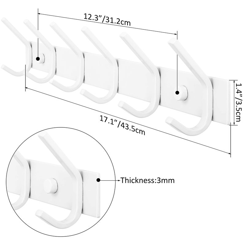 WEBI Coat Rack Wall Mounted,Coat Hooks Wall Mount,Coat Hanger Wall Hook Rack,6 Hooks for Hanging Coats,Hats,Jacket,Clothes,White,2 Packs - Image 2