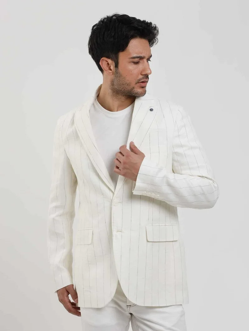 دوفي Ecru Men's Regular Fit Striped Pointed Collar Linen Jacket 104438