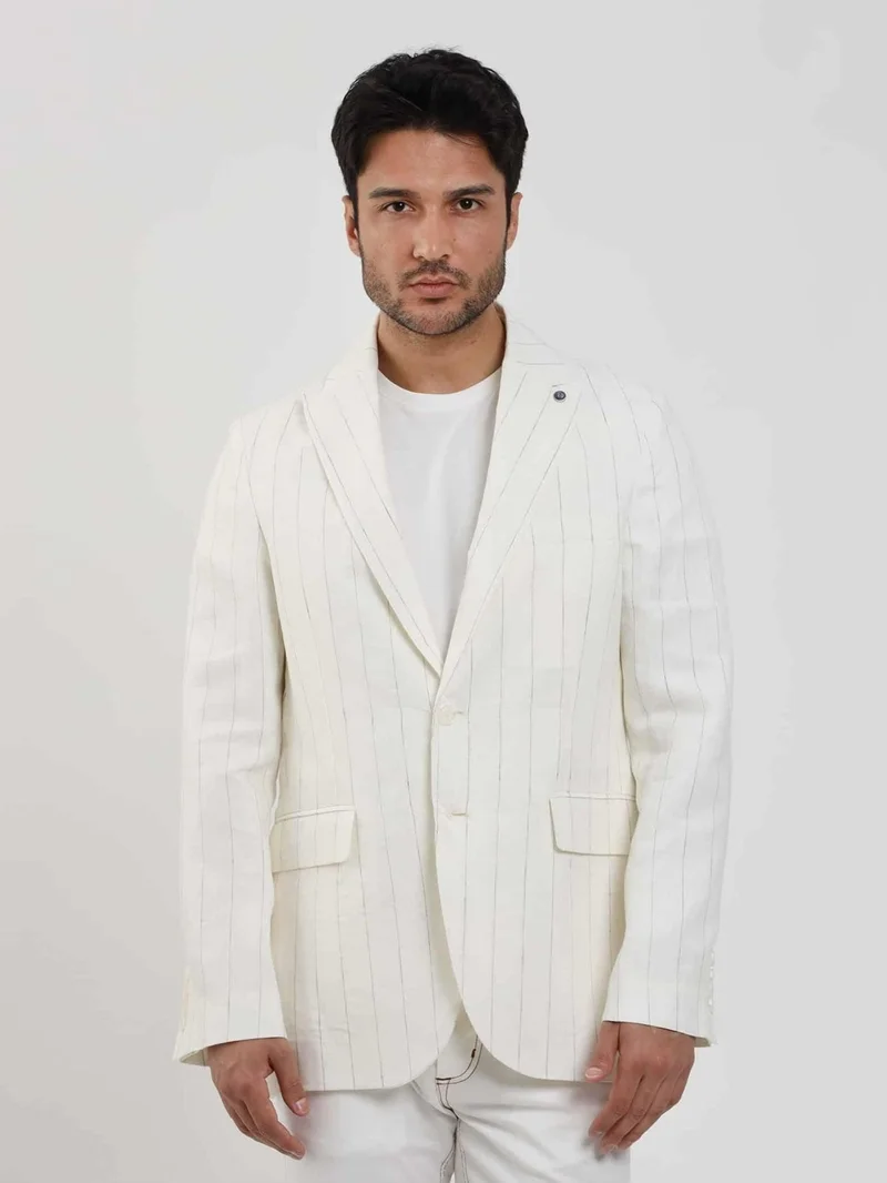 دوفي Ecru Men's Regular Fit Striped Pointed Collar Linen Jacket 104438