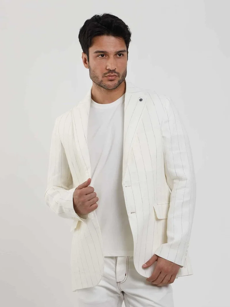 دوفي Ecru Men's Regular Fit Striped Pointed Collar Linen Jacket 104438