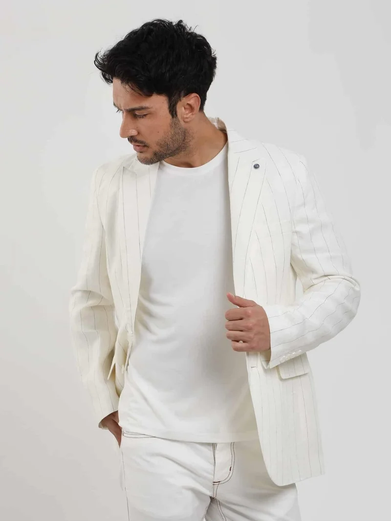 دوفي Ecru Men's Regular Fit Striped Pointed Collar Linen Jacket 104438