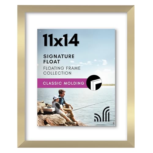 Americanflat 11x14 Floating Picture Frame with Polished CrystalClear Glass  Use as 8x10 Picture Frame or Display 5x7 Photo  Signature Float Collection  Photo Frames for Wall Display  Gold