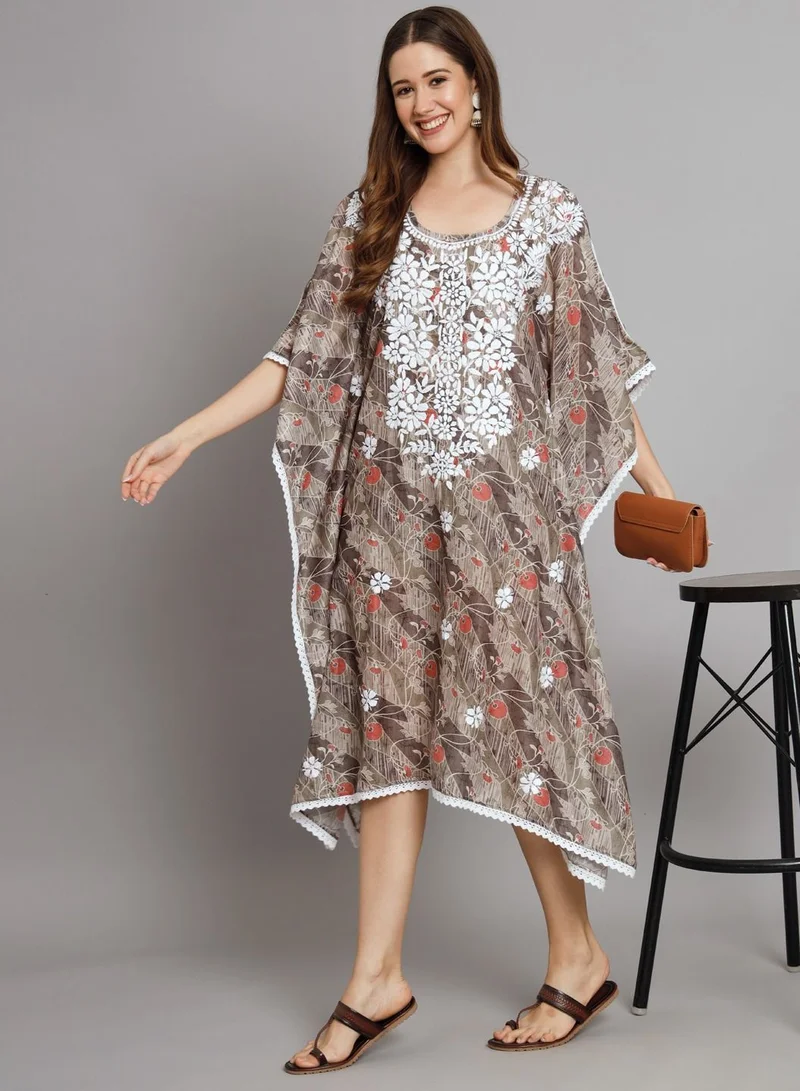 Alaya Hand Embroidered Chikankari Floral Print Cotton Midi Kaftan-AL3647
