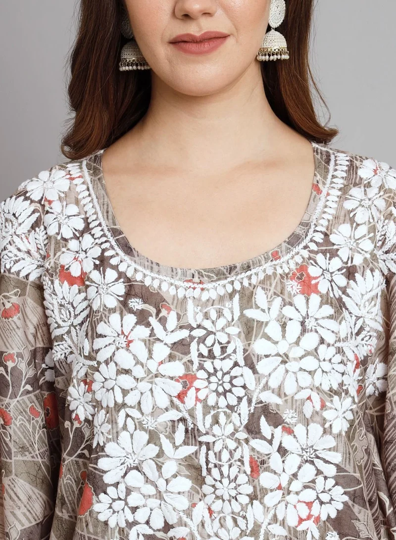 Alaya Hand Embroidered Chikankari Floral Print Cotton Midi Kaftan-AL3647