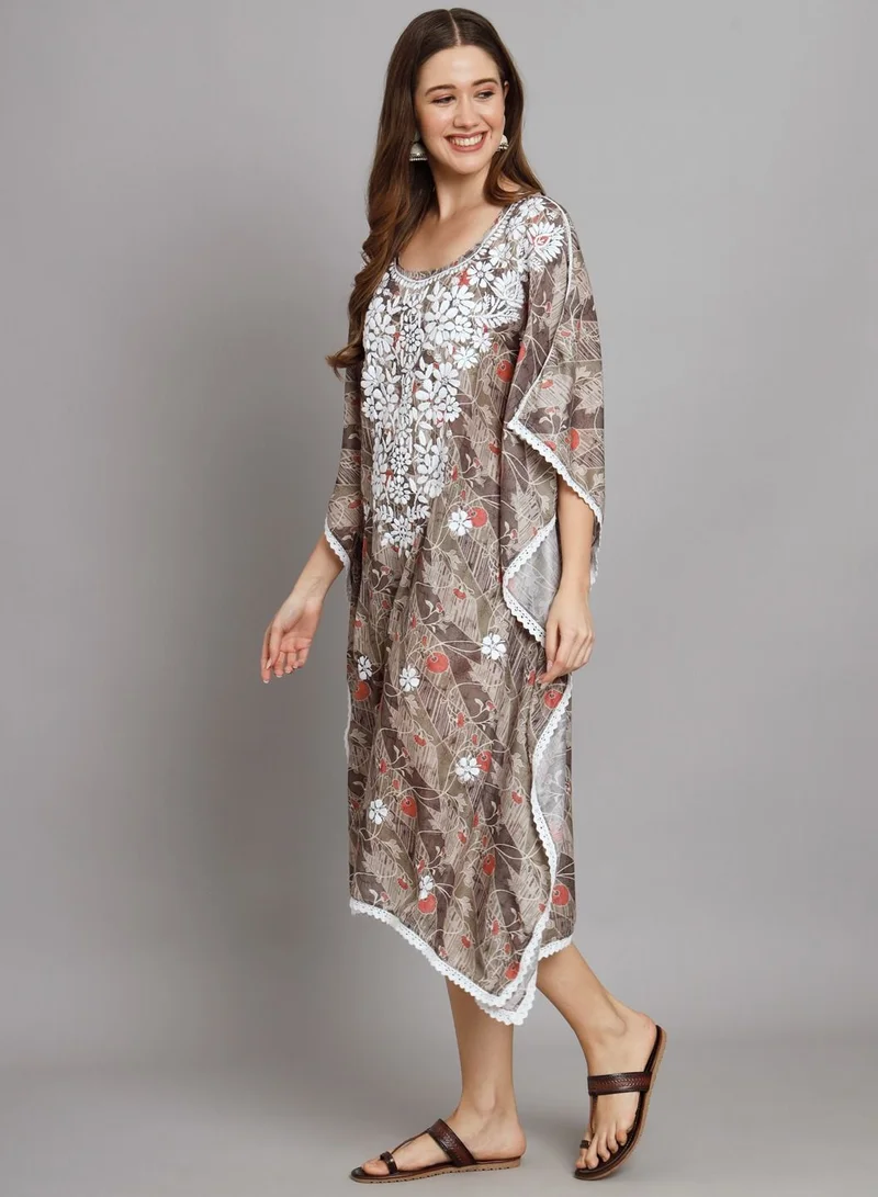 Alaya Hand Embroidered Chikankari Floral Print Cotton Midi Kaftan-AL3647
