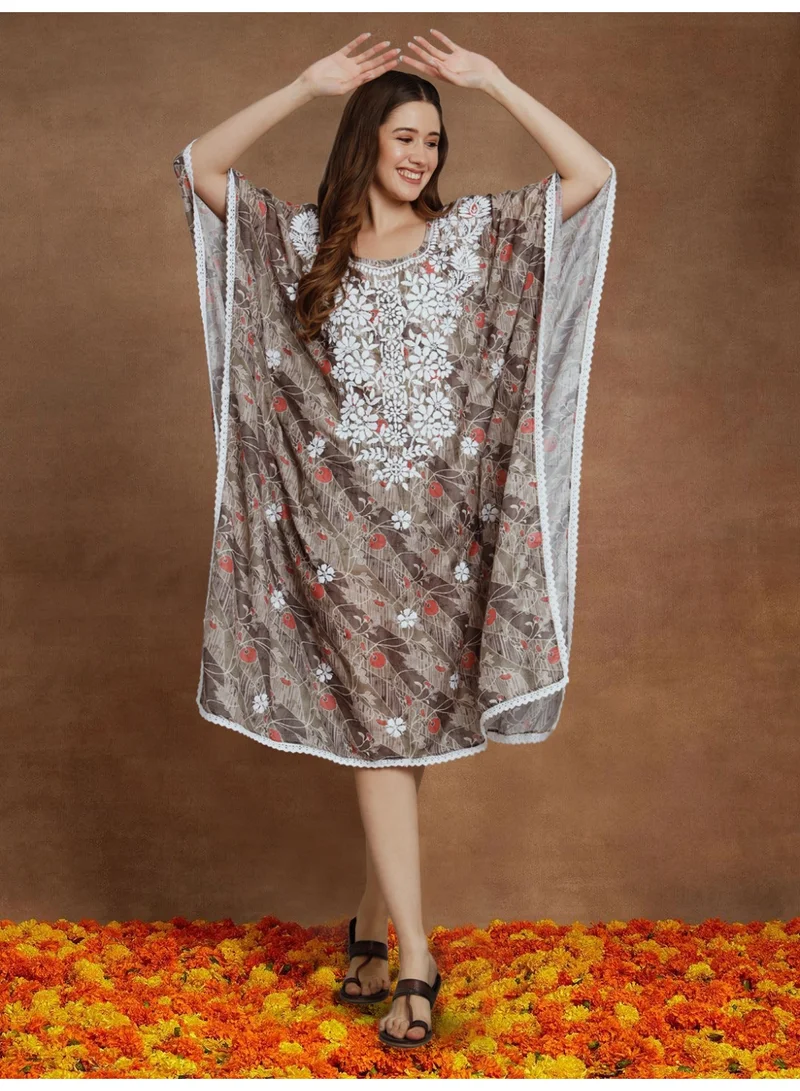 Alaya Hand Embroidered Chikankari Floral Print Cotton Midi Kaftan-AL3647