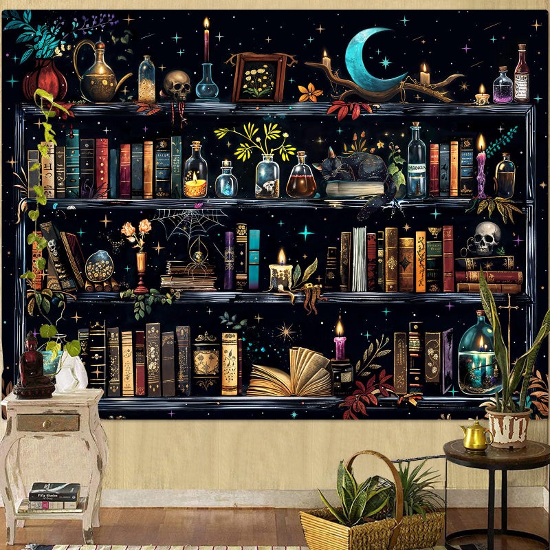 Accnicc Magic Bookshelf Tapestry Magical Witchy Potion Dark Hippie Haloween Tapestries Wall Hanging Gothic Skull Black Cat Library Book Large Tapestry for Bedroom Living Room Dorm 90 x 68 inch - Image 4