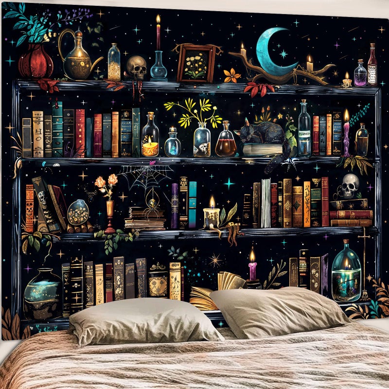 Accnicc Magic Bookshelf Tapestry Magical Witchy Potion Dark Hippie Haloween Tapestries Wall Hanging Gothic Skull Black Cat Library Book Large Tapestry for Bedroom Living Room Dorm 90 x 68 inch - Image 1