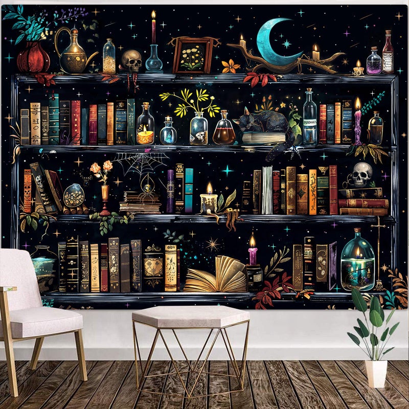 Accnicc Magic Bookshelf Tapestry Magical Witchy Potion Dark Hippie Haloween Tapestries Wall Hanging Gothic Skull Black Cat Library Book Large Tapestry for Bedroom Living Room Dorm 90 x 68 inch - Image 2