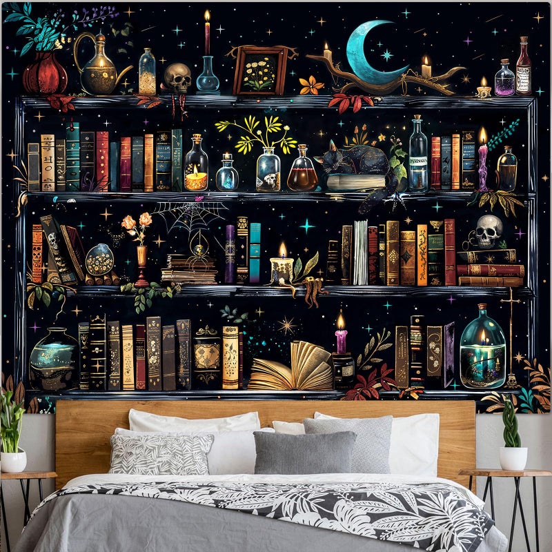 Accnicc Magic Bookshelf Tapestry Magical Witchy Potion Dark Hippie Haloween Tapestries Wall Hanging Gothic Skull Black Cat Library Book Large Tapestry for Bedroom Living Room Dorm 90 x 68 inch - Image 5