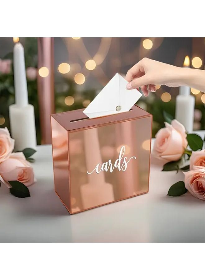 صندوق بطاقات زفاف من الأكريليك بلون وردي ذهبي مع فتحة لحامل أموال الهدايا - Image 2