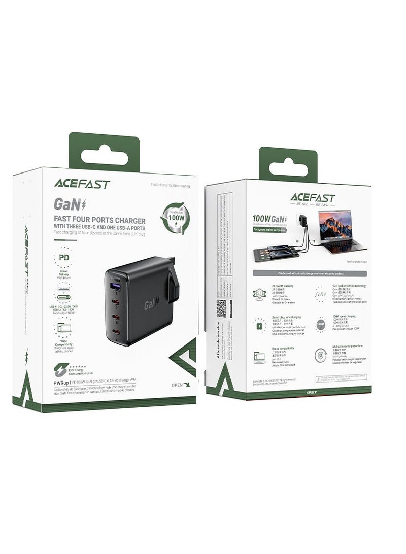 أسيفاست شاحن جداري سريع الشحن A97 PD100W GaN، 3 منافذ USB-C + منفذ USB-A واحد، أسود، المملكة المتحدة - Image 4